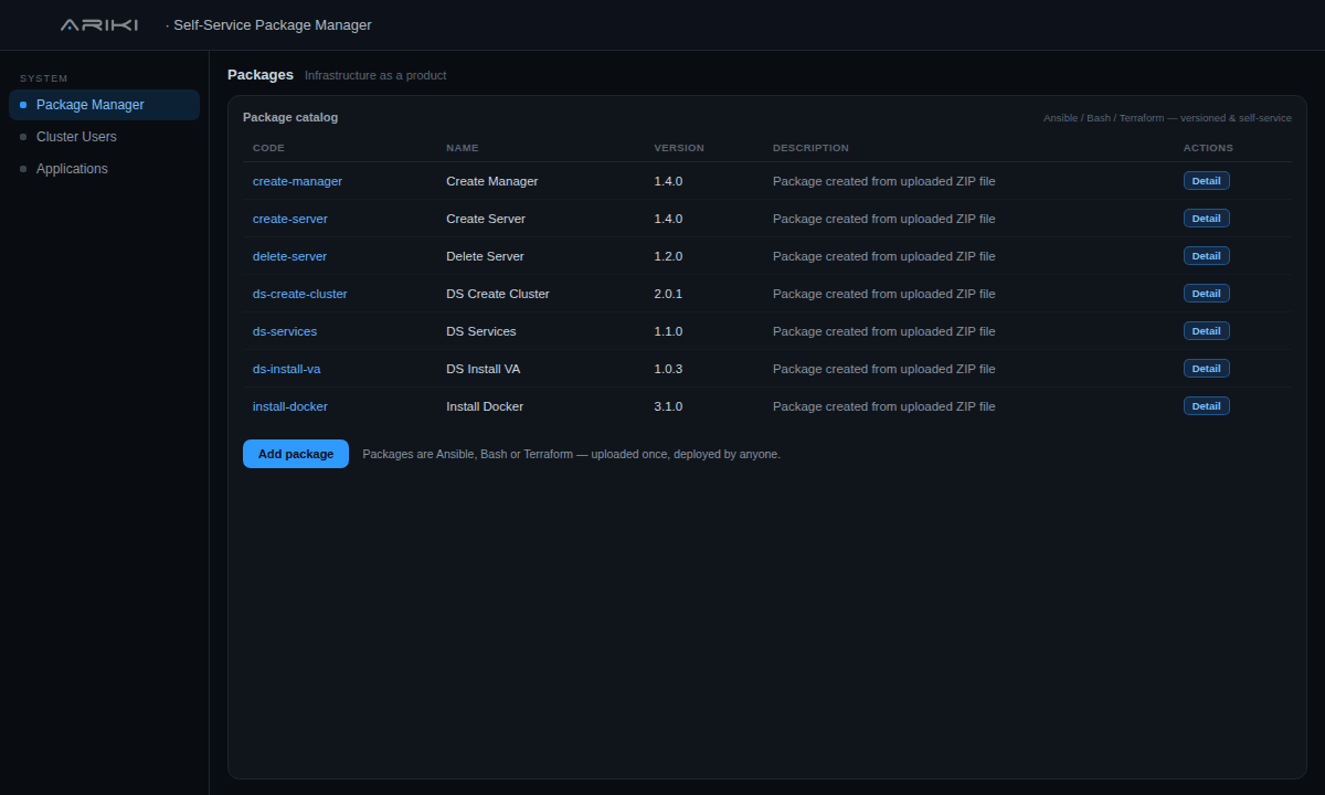 Self-Service Package Manager — Infrastructure as a product.
